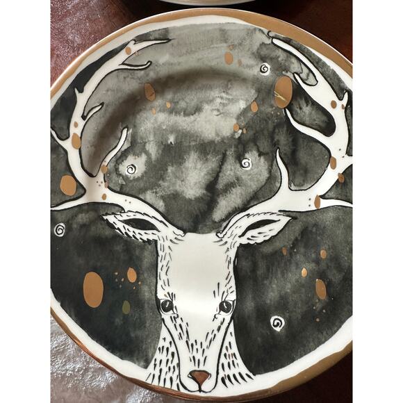 4 Anthropologie Moonlit Forest / Celeste Dessert Plates deer stag holiday cabin - Picture 2 of 6